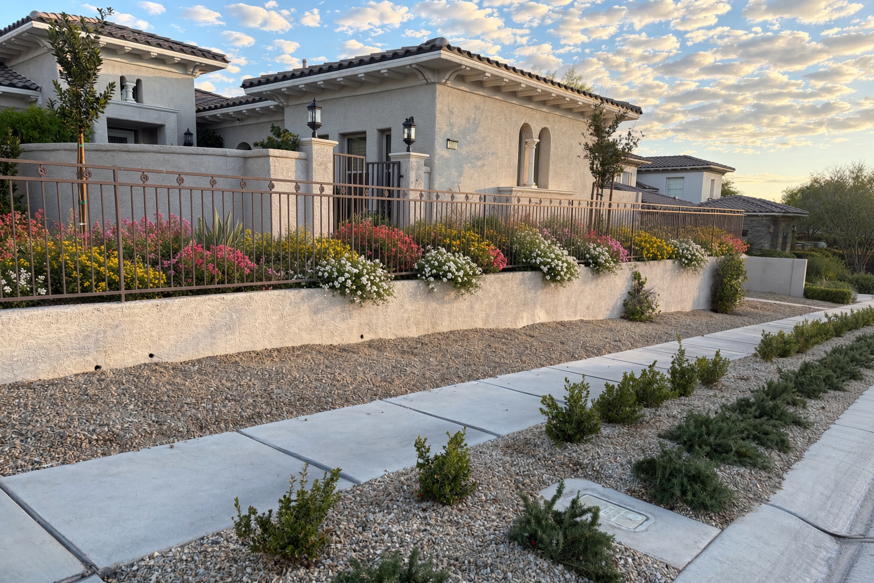 Conservative look: white and yellow blooms cascading on fence-on-wall strip, curb shrubs tidy