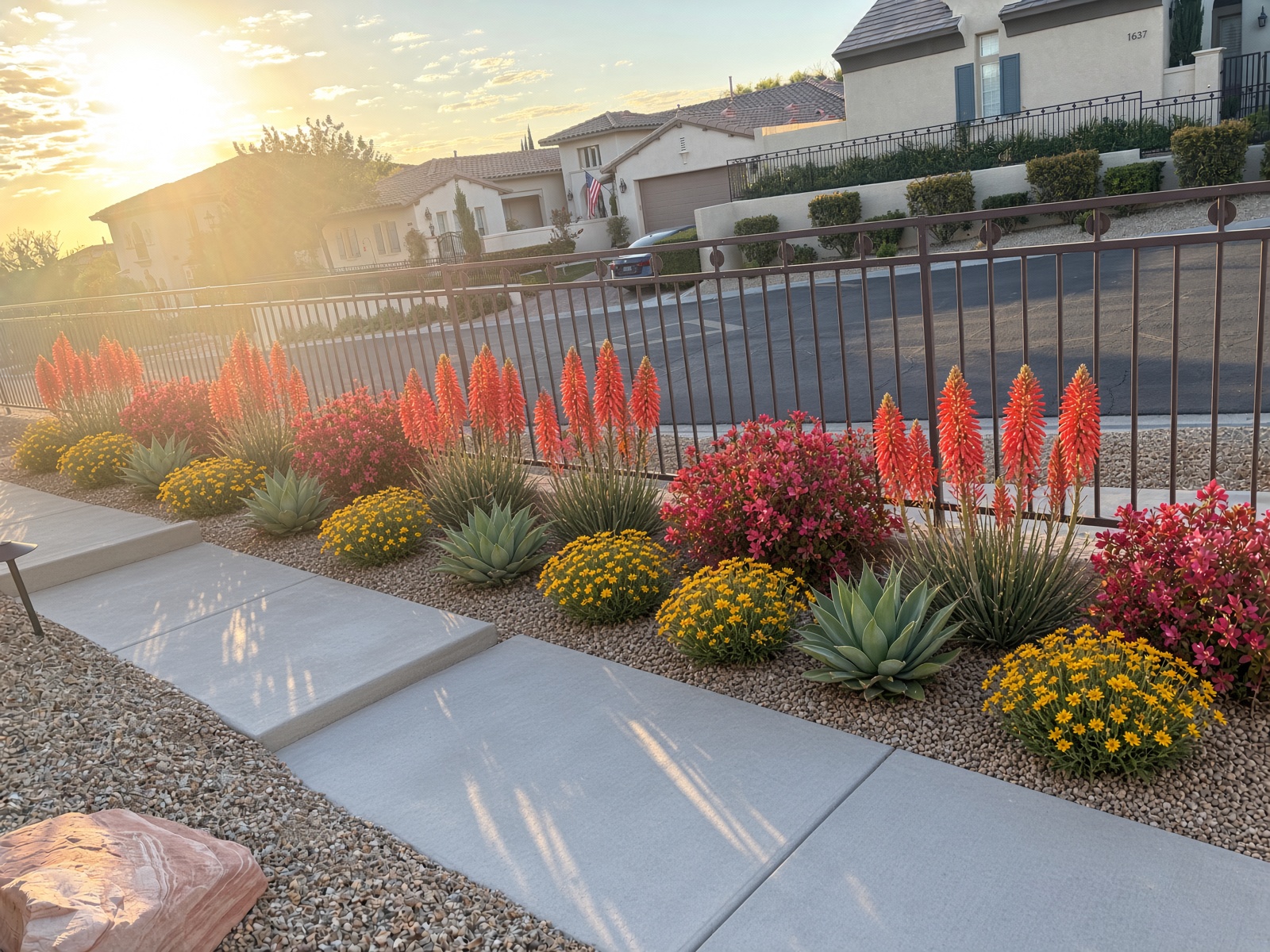 Conservative look: narrow trench with spaced Red Yucca, yellow mounds, and agave accents