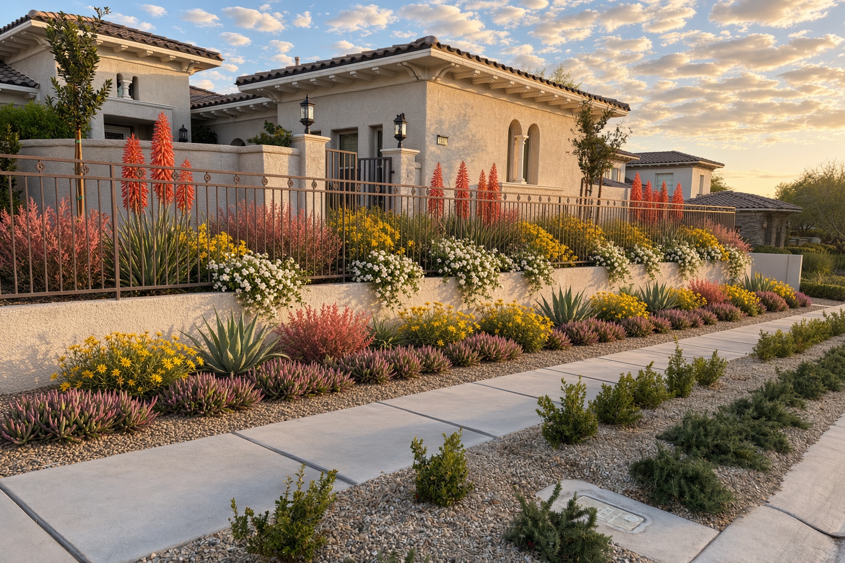 Flower-heavy look along fence and walkway with coral spikes yellow and purple blooms