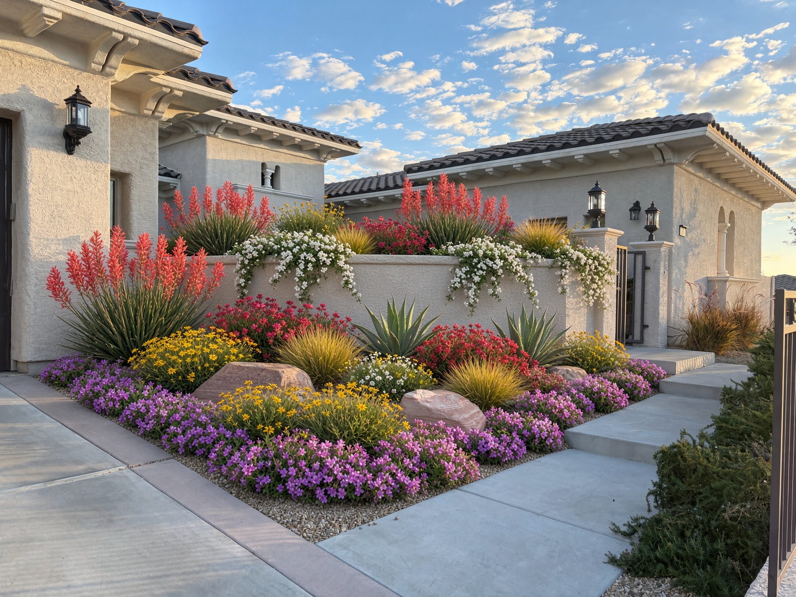 Flower-heavy front bed with agaves yellow mounds and magenta ice plant edge