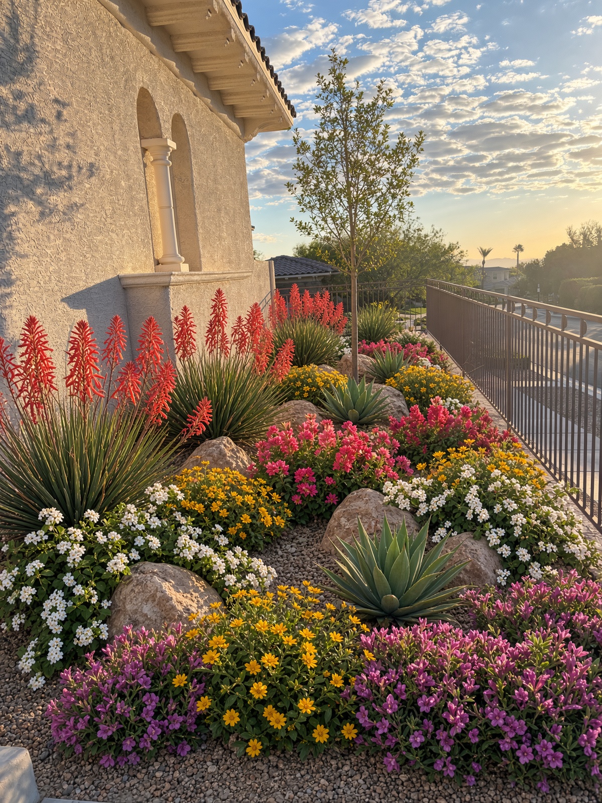 Dense flower mix between house wall and fence with coral spikes and colorful groundcover