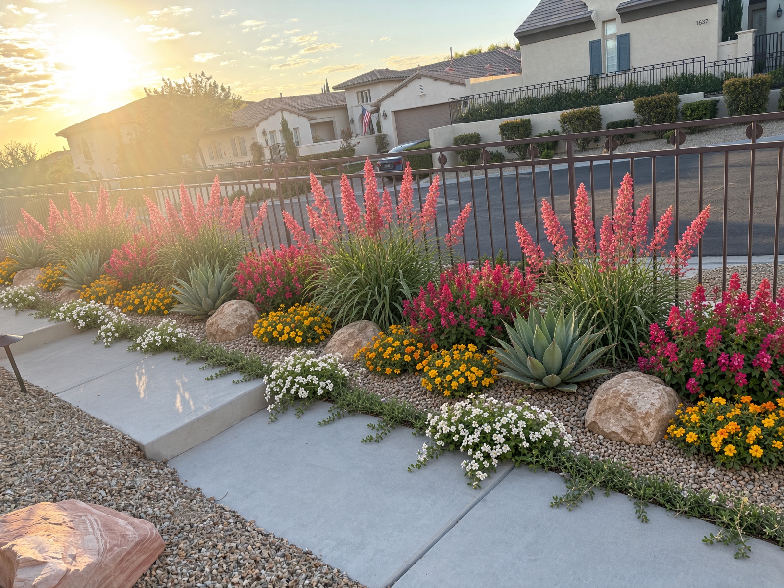 Narrow sidewalk-edge strip packed with Red Yucca yellow and magenta flowers