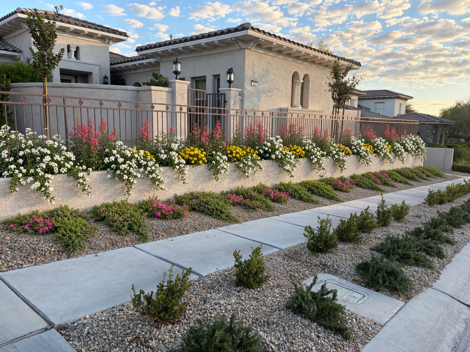 Recommend mix: white trailing bloom cascading fence-on-wall strip with yellow mounds and pink uprights